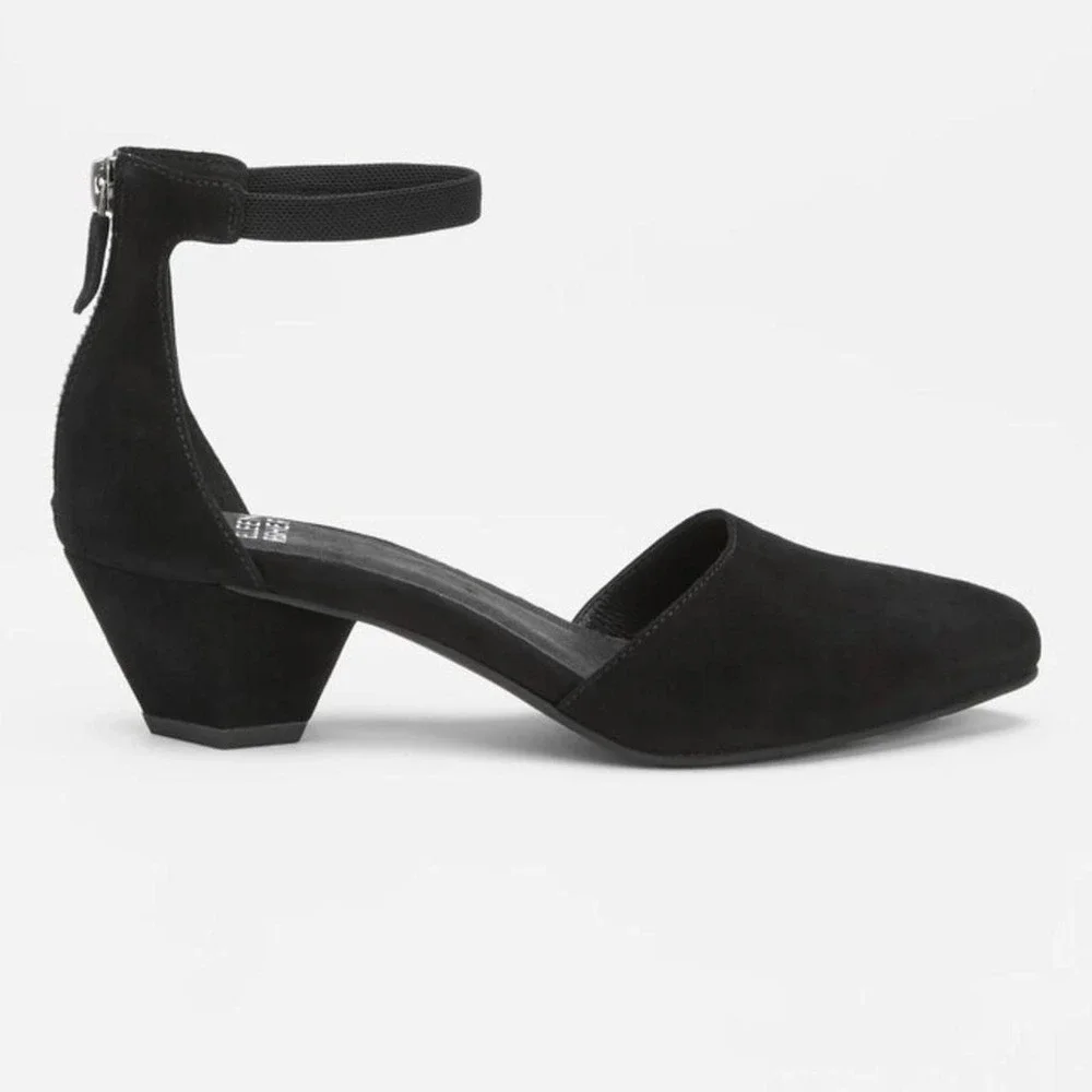 Eileen Fisher Black Suede d'Orsay Ankle Strap Heels Office siren Quiet Luxury